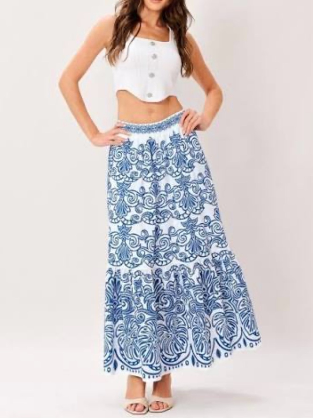 Rare Ralph Lauren White & Blue Tired 
 Midi Skirt 100% Cotton